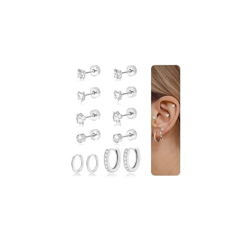 DAILI Flat Back Earrings,Surgical Steel Screw Back Earring,Hypoallergenic Silver Huggie Hoop Earrings Sets for Women Men, Titanium CZ Stud Earrings for Cartilage,Helix,Tragus Piercing Jewelry - Image 1