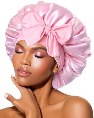 BONNET QUEEN Silk Bonnet for Sleeping Women Satin Bonnet Night Sleep Cap Wrap for Curly Hair with Adjustable Tie Band,Pink - Image 1