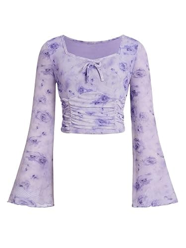 Milumia Girl's Floral Print Bowknot Bell Sleeve Crop Tops Square Neck Ruched T Shirts - 8 Years - Mauve Purple - Image 1