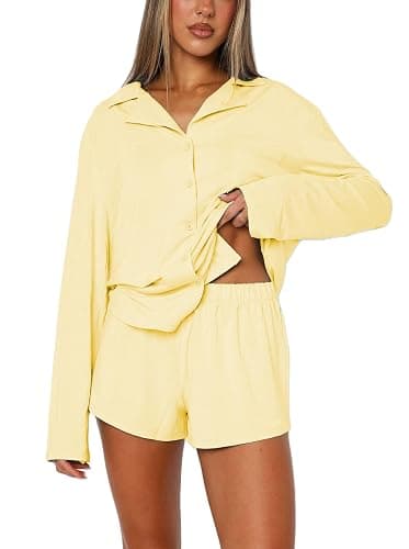 Yoawdats Women 2 Piece Button Down Pajamas Set Cotton Long Sleeve Shirt + Shorts Sleepwear Soft Pj Lounge Set Fall Nightwear - Image 1