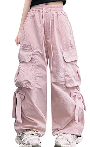 Girls Cargo Jogger Pants High Elastic Waist Drawstring Baggy Pants with Bowknot Casual Streetwear Hip Hop Trousers with Pockets for 5-14 Years - Image 1