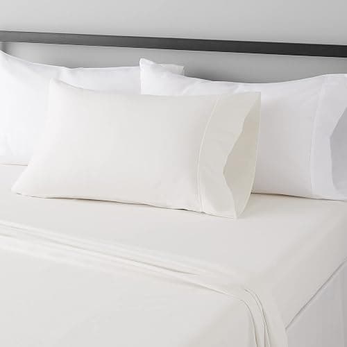 Amazon Basics Lightweight Ultra-Soft, Breathable, Wrinkle Free Brushed Microfiber 3 Piece Bed Sheet Set with 14-Inch Deep Pockets, Twin XL, Cream, Solid - Image 1
