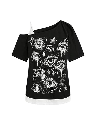 SOLY HUX Women's Gothic Grunge Cold Shoulder Short Sleeve T Shirts 2 in 1 Asymmetrical Tee Tops - Large - Black Graphic - Image 1