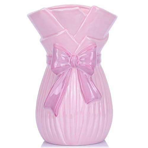 Bow Vase for Home Decor,7.8 Inch Cute Bow Ceramic Vase with Bowknot Design,Large Opening Floral for Fresh/Dried/Faux Flowers,Ideal for Kitchen Table/Living Room/Shelf/Dorm Decor (Pink) - Image 1