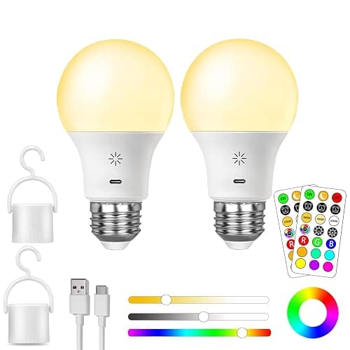 LED Rechargeable Light Bulbs With Remote & Touch Dimmable, E26 Battery Operated Light Bulb for Lamps, RGB 12 Colors, 2600mAh USB battery backup Light Bulb With Timer, A19 Small Light Bulbs 2 Pack - Image 1