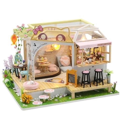 DIY Cat Cafe Puppenhaus Miniatur-Kit Katze Coffee Shop 3D Modellbausätze Holz Puppenhaus Möbel Lichter Zubehör Geburtstag für Kinder Jungen Mädchen - Image 1