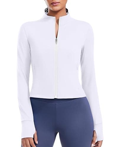 PINSPARK Women Cropped Workout Jackets Full Zip Slim Fit Athletic Jackets Thumb Holes Running Jacket with Zipper Pockets - Image 1
