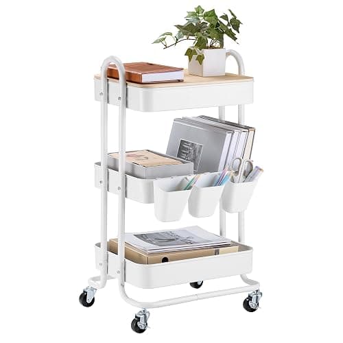 VonHaus White Storage Trolley - 3 Tier Bathroom Storage with 4 Wheels - Kitchen Trolley with Steel Frame & Solid Bamboo Lid - Craft Cart with 3 Hanging Baskets & Hooks - Rolling Cart for Home Office - Image 1