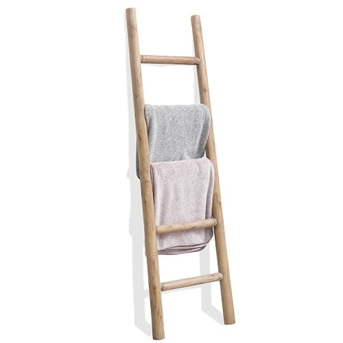 FUIN 57in Wood Blanket Ladder Living Room Decorative Wall Leaning Farmhouse Quilt Display Holder Rustic Wooden Towel Rack for Bathroom, Brown - Image 1