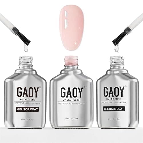 GAOY 16ml Gel Top Coat, Base Coat and 1352 Milky Pink Gel Polish Set, 3 Pcs | Clear Glossy No Wipe Gel Top Coat, Base Coat and Sheer Nude Color Gel, UV Light Cure Needed - Image 1