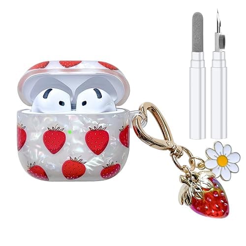 Compatible with AirPods 4 Case, Cute Strawberry Pretty Aesthetic AirPod 4 Case Cover with Strawberry Keychain, Soft TPU Protective Shockproof Case for Women Girl - Image 1