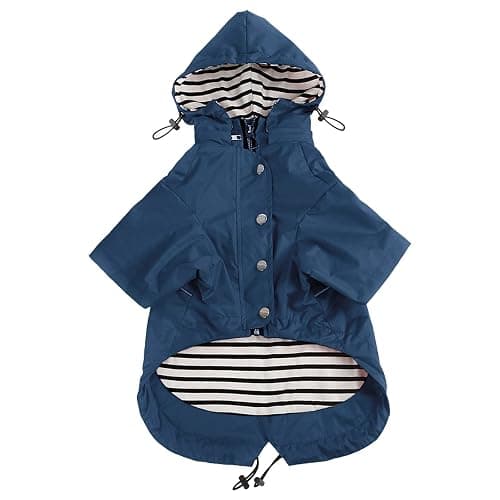 Dog Zip Up Raincoat with Reflective Buttons, Rain/Water Resistant, Adjustable Drawstring, Removable Hood, Raincoats with Legs 8lbs to 80lbs Available - Dark Blue - Small - Image 1