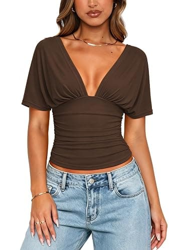 MIYIEONZ Womens Batwing Cinched Waist Wrap Top Backless Shirt | Deep V Neck,Low Cut,Off The Shoulder,Open Back,Dolman Sleeve,Corset,Croped,Ruched,Adjustable Straps,Sexy Y2K,Going Out Tops - Image 1