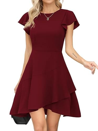 Missufe Damen Flatterärmel Cocktailkleid Rundhalsausschnitt Partykleid Rüschen A Linien Abendkleid Skater Kurz Kleider - Image 1