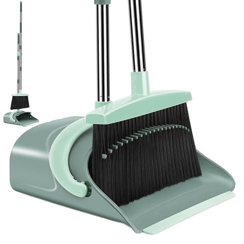 Broom and Dustpan Set for Home, Dust pan with Long Handle, Broom with Dustpan Combo Set, for Home Kitchen Room Office Lobby Floor Use Upright Stand Up Sweeping (Gray&Green) - Image 1