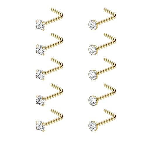 AccGin 6-10Pcs 18G 20G Nose Ring Surgical Steel Nose Rings Studs Piercing For Women Men 1.5mm 2mm 2.5mm 3mm Round Diamond CZ L Shaped Corkscrew Gold Black Silver Nose Piercing Hypoallergenic - Image 1