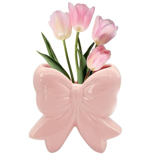 Coquette Vase Bow Ceramic Pen Holder Makeup Brush Holder, Contemporary Design Decorative Women Gifts for Home Office Shelf Table Living Room Classic Pink - Image 1