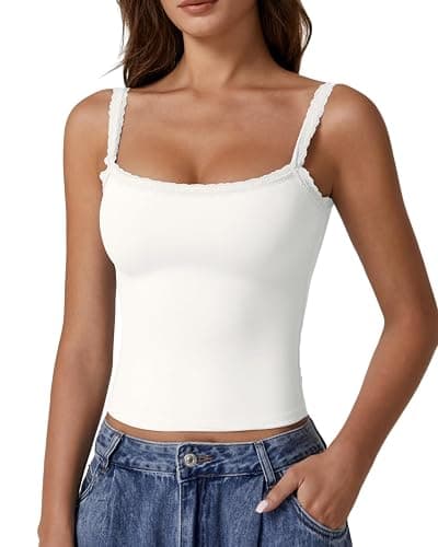 QINSEN Womens Square Neck Lace Trim Tank Top Double Lined Slim Fitted Y2k Going Out Camisole Shirts - Image 1