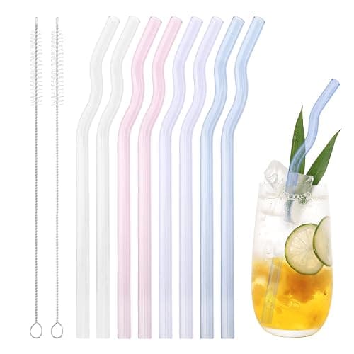 8 Pcs Reusable Wavy Glass Straws, Colorful Glass Straws Shatter Resistant 7.9" X 8mm Cute Drinking Straw with 2 Cleaner Brushes for Hot/Cold Beverages, Milk, Coffee, Juice, Wine - Image 1
