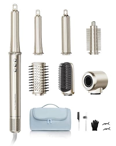 6-in-1 Hair Dryer Brush, Hair Styler with Automatic Curlers, 150,000 RPM High-Speed Negative Ionic Hair Dryer Fast Drying, Blow Dryer Brush for Curling/Volumizing/Straightening with Travel Bag, Gold - Image 1