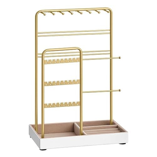 SONGMICS Jewelry Holder, Jewelry Organizer, Jewelry Display Stand with Metal Frame, Velvet Tray, Necklace Earring Bracelet Holder, for Studs, Rings, Gift Idea, Pale Gold UJJS021A01 - Image 1