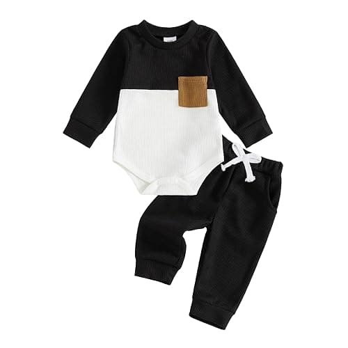 allshope Newborn Baby Boy Fall Outfit Romper Long Sleeve Solid Jumpsuit Bodysuit Elastic Waist Pants Infant Waffle Clothes - Image 1