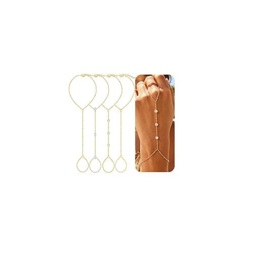 4PCS Gold Hand Chain Bracelets for Women, 14K Gold Plated Ring Bracelet Hand Chain Set, Dainty Stackable Finger Bracelets Jewelry Gifts - Image 1