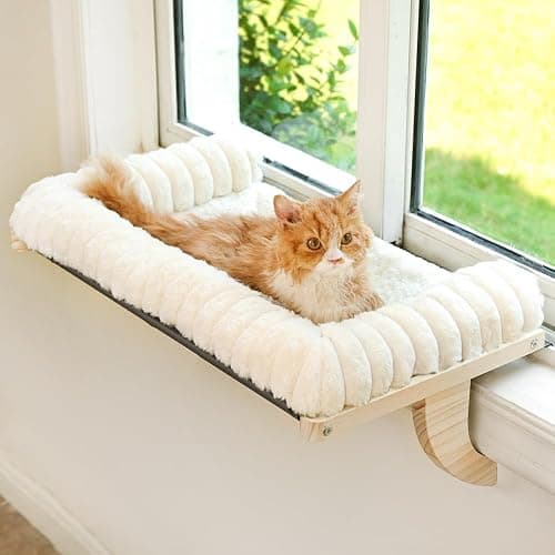 Valigogo Cloud-Soft Cat Window Sill Perch with Zipper Designed Cushioned Bed, Supportive Cat Window Seat with Premium Solid Wood & Sturdy Metal Frame, Pet Hammock Bed for Large Cats (Medium, White) - Image 1