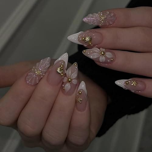 Spring Summer Press On Nails Medium Almond Fake Nails French False Nails With Flower Starfish Designs Acrylic Nail Press Ons Glossy Stick On Nails Full Cover Glue On Nail For Women 24Pcs - Image 1