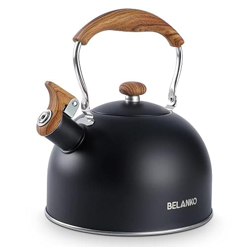Tea Kettle, BELANKO 85 OZ / 2.5 Liter Whistling Tea Kettle, Tea Pots for Stove Top Food Grade Stainless Steel with Wood Pattern Folding Handle, Loud Whistle Kettle for Tea, Coffee, Milk - Black - Image 1