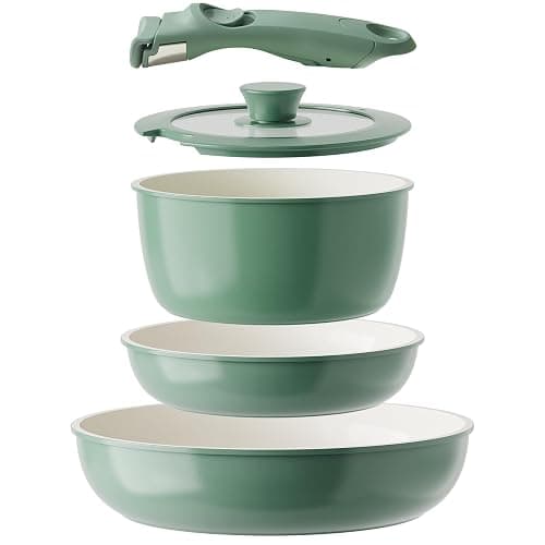 Redchef Ceramic Cookware Set, Removable Handle Pots And Pans Non Stick, Rv Cookware Set, Non Toxic Pots And Pans Set No PFAS & PTFE & PFOA, Detachable Pots And Pans, Dishwasher & Oven Safe (Green) - Green - Image 1