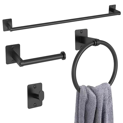 KLJKPA Black Bathroom Accessories Set, 4-Piece Bathroom Hardware Set | 24 inch Towel Bar, Towel Racks for Bathroom, Robe Towel Hooks, Toilet Paper Holder Wall Mounted - Image 1