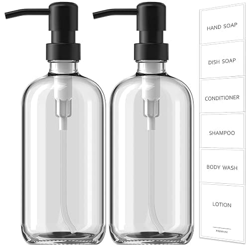 GMISUN Glass Soap Dispenser with Pump, 2 Pack Clear Bathroom Hand Soap Dispenser with Stainless Steel Pump, 16 Oz Refillable Kitchen Hand and Dish Soap Dispensers Set, Modern Liquid Pump Bottles - Image 1