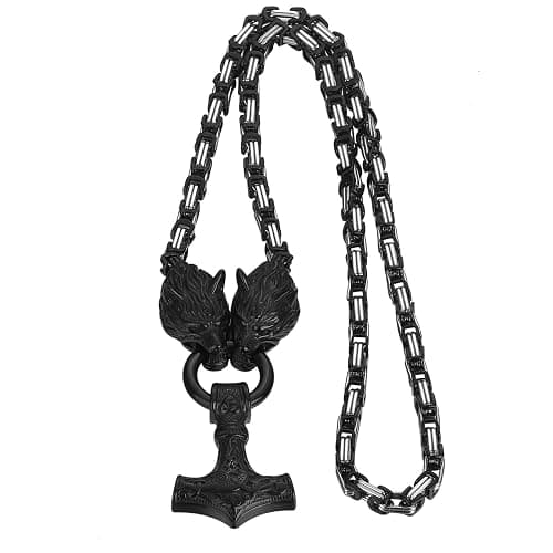 OIDEA Viking Mjolnir Necklace for Men with Wolf Head King Chain, Stainless Steel Viking Amulet Thors Hammer Necklace Pendant Norse Pagan Jewelry - Image 1