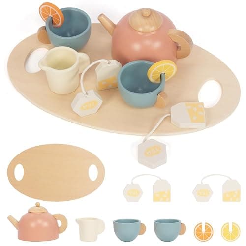 Wooden Tea Sets for Toddlers 3-5, Girl Chrismas Birthday Gift 3 Year Old Princess Party, Wooden Play Food Toy Sets for Kids Kitchen Accessories - Image 1