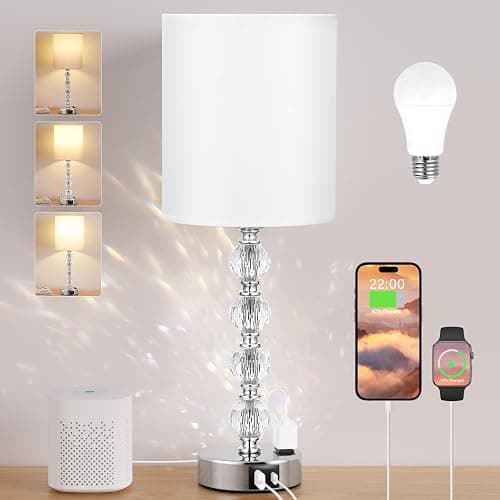 Acaxin Touch Bedside Crystal Lamps for Bedrooms Nightstand with USB C+A Charging Port and AC Outlet White, 3 Way Dimmable Silver Large End Side Table Lamp for Living/Guest/Dinning Room/Kitchen - Image 1