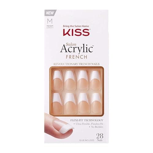 KISS Salon Acrylic French Nail Manicure Set, Medium Length, Square, “Je T'aime”, Nail Kit Includes Pink Gel Nail Glue (Net Wt. 2 g / 0.07oz.), Mini File, Manicure Stick, and 28 Fake Nails - 31 Piece Set - Image 1