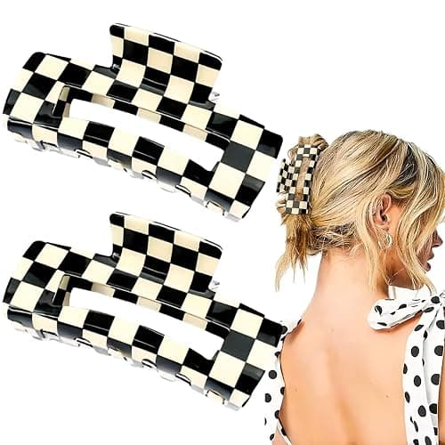 2 PCS Checkered Hair Claw Clips Square Checker Barrettes Cute Non Slip Hair Jaw Clips Strong Hold Rectangle Hair Claw Multicolored Plaid Vintage Check - Image 1