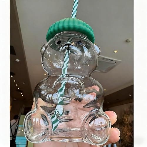 Bidobibo Glass Bear Cup, Honeybear Straw Cup, Glass Cups with Lids and Straws, Cute Mugs Bear Sippy Cups Coffee Beer Wine Cocktail Drinks Glassware 20 oz No Logo(Bear Cup) - Image 1