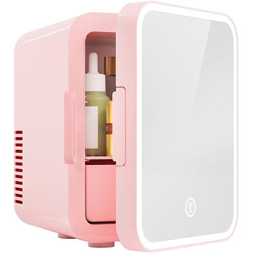 EUHOMY Mini Fridge, 5L AC/DC Small Refrigerator with Dimmable LED Mirror, Portable Cooler and Warmer for Skin Care, Cosmetics, Beverage, 5L Makeup Mini Skincare Fridge for Bedroom, Car, Office, Pink - Image 1