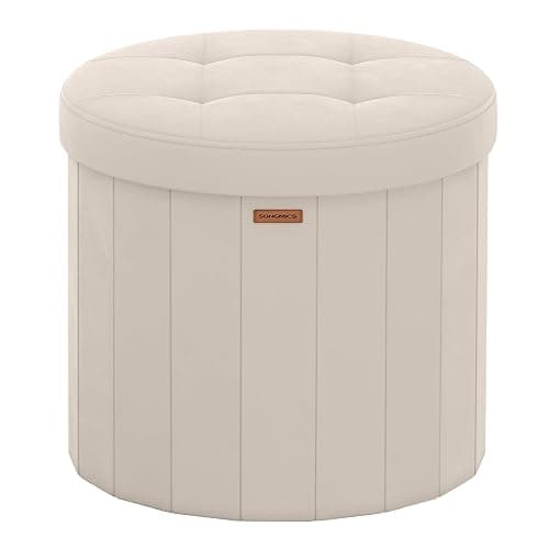 SONGMICS Mazie Collection - Round Storage Ottoman, Folding Footrest Stool with Removable Lid, Easy Assembly, Velvet Vanity Stool for Bedroom, Living Room, Entryway, Cappuccino Beige ULSF608L01 - Image 1