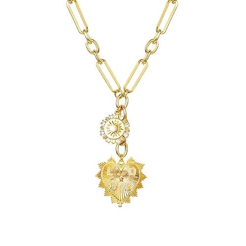 Sun Heart Charm Choker Necklace for Women Men,Golden Plated With Zircons Inlaid Pendants,Thick Chunky Paperclip Chain Hip Hop Necklace Unisex Jewelry,Cuban Link Chain for Women Trendy(Heart) - Image 1