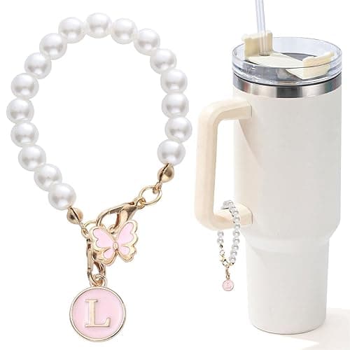 LUHOHI Accessories for Stanley Cup Pearl Chain Initial Accessoriess for Handle Stuff Decor Water Bottle Jewelry Tumbler Cute Simple Modern Personalized Name ID Decorations Letter Pink Tag L - Letter-pink - Letter-pink L - Image 1