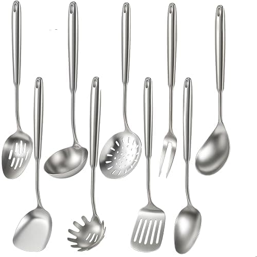 Newness 9 Pcs Cooking Utensils Set, 304 Stainless Steel Kitchen Utensils Set, Metal Kitchen Accessories, Include Soup Ladle, Slotted Skimmer Spoon, Spaghetti Spoon and Spatula, Dishwasher Safe - Image 1