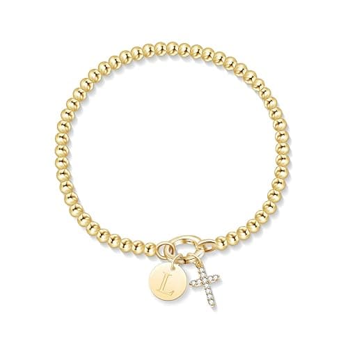 Free bird Gold Cross Bracelet for Women Stretchable Beaded Bracelets 14K Gold Charm Bracelet Initial Christmas Gifts for Women - Image 1