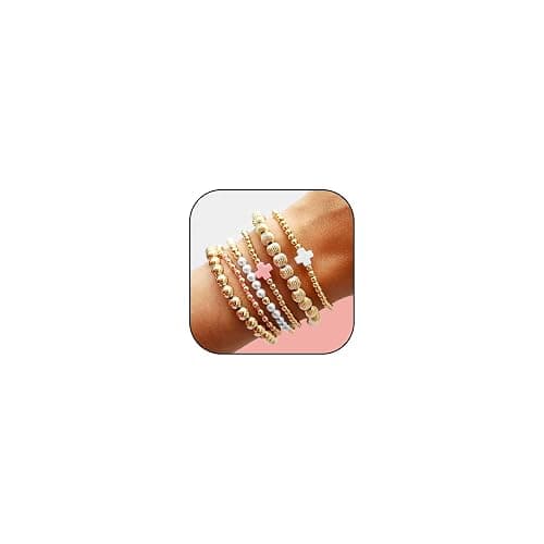 Long tiantian Gold Beaded Bracelet Stack for Women Pearl Cross Stretch Bracelets Non Tarnish Trendy Halloween Christmas Jewelry Gifts - Image 1