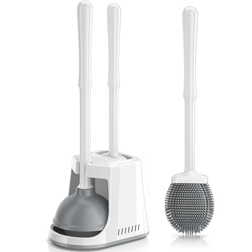 Unique Toilet Plunger and Brush, Silicone Brush and Heavy Duty Toilet Plunger Set with Ventilated Holder, 2-in-1 Toilet Brush and Plunger Combo for Bathroom Cleaning-New Pack (White) - Image 1