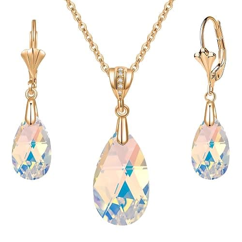 EVEVIC Austrian Crystals Teardrop Pendant Necklace Earrings for Women 14K Gold Plated Hypoallergenic Leverback Drop Dangle Earrings Jewelry Set - Image 1