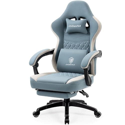 Dowinx Gaming Chair Breathable Fabric Game Chair with Gel Pad and Storage Bag, Comfortable Gamer Chair with Pocket Spring Cushion, Ergonomic Computer Chair with Footrest, Blue - Image 1