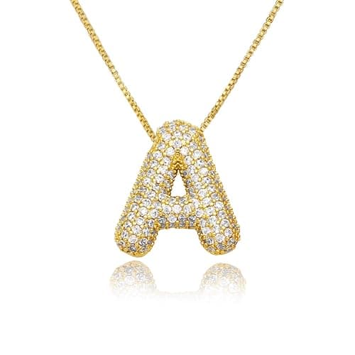 TZPI 18K Bubble Letter Necklace Gold for Women, Initial Necklaces Rhinestone Chunky Bubble Letter Necklace as Birthday Gifts Charm Puff Name Pendant Alphabet Necklaces Non Tarnish Gold Plated Jewelry - A Necklace - Image 1